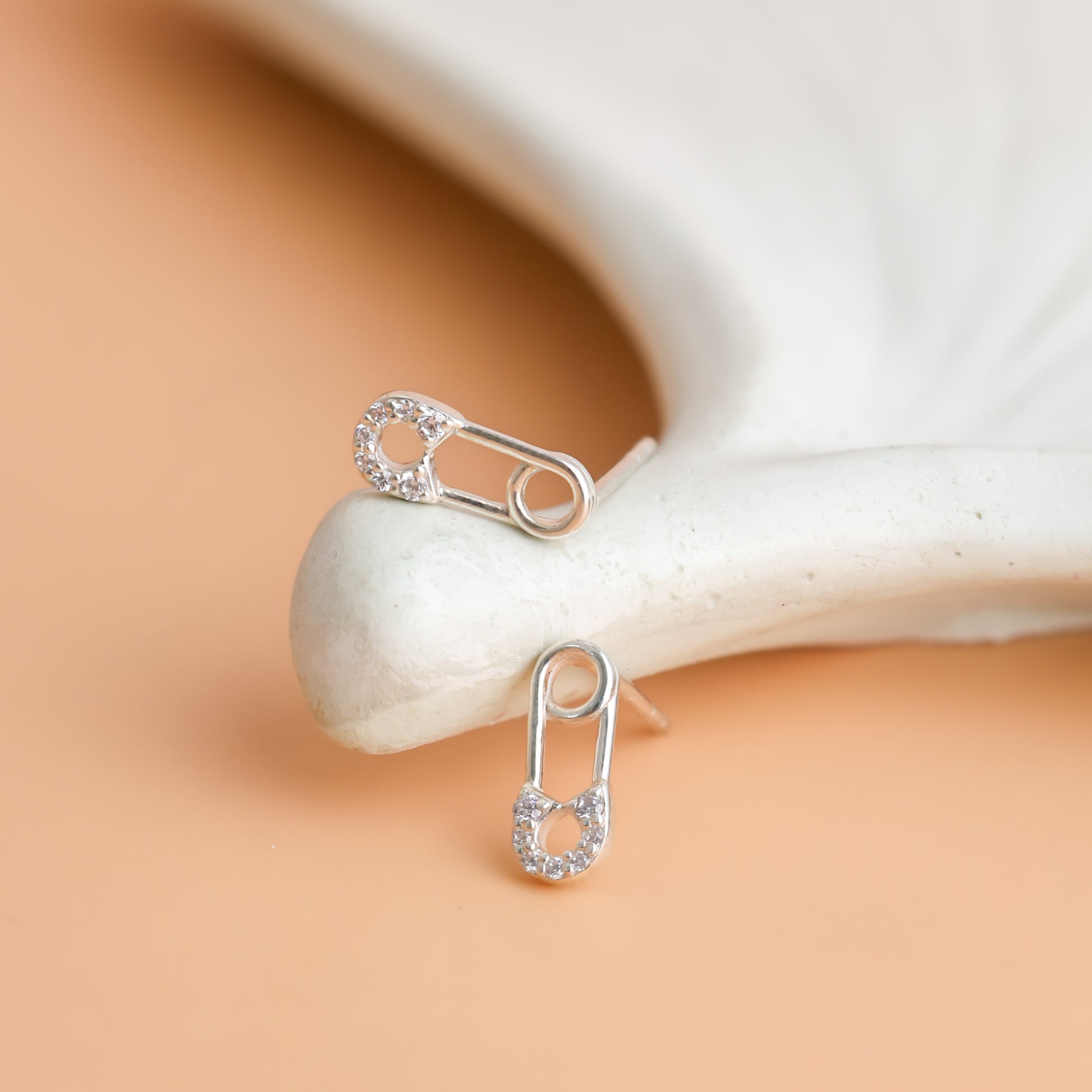925 Silver Tiny Pave Safety Pin Studs 