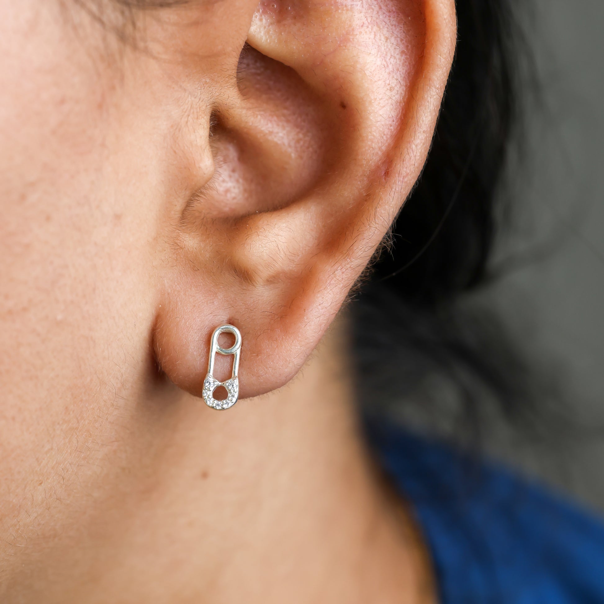 925 Silver Tiny Pave Safety Pin Studs For Women/Girls