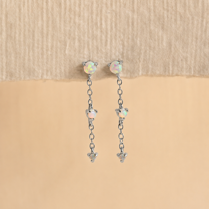 Pair of silver earrings with opal stones on a beige background