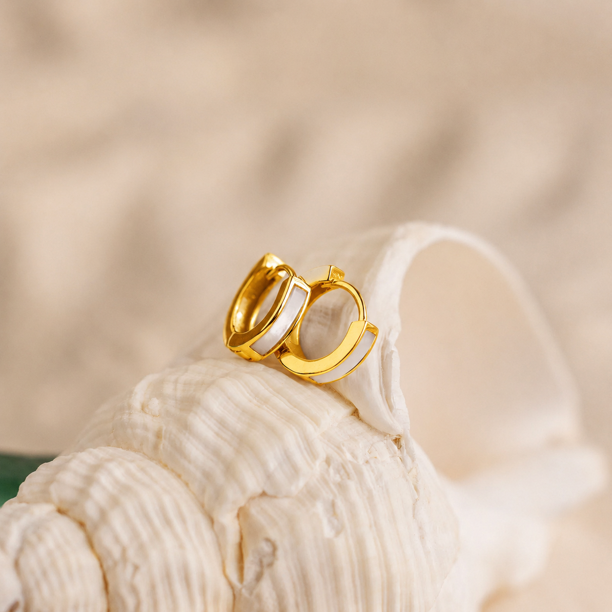 Gold hoop earrings on a seashell with a beige background