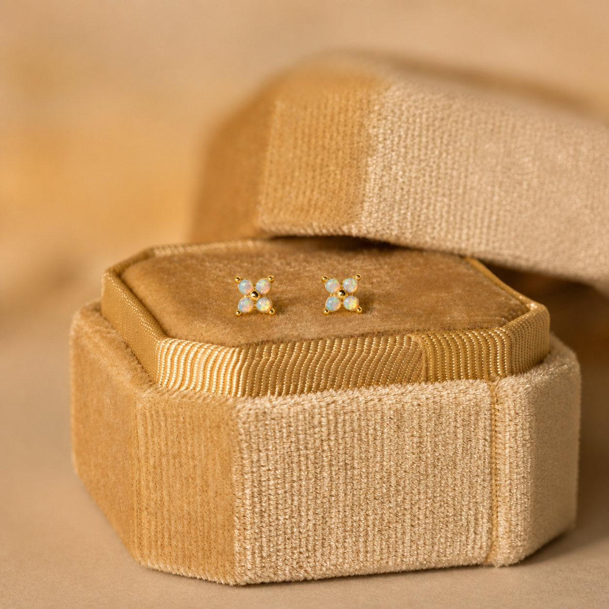 Pair of earrings in a textured brown jewelry box on a matching background