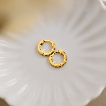 Gold hoop earrings on a white shell