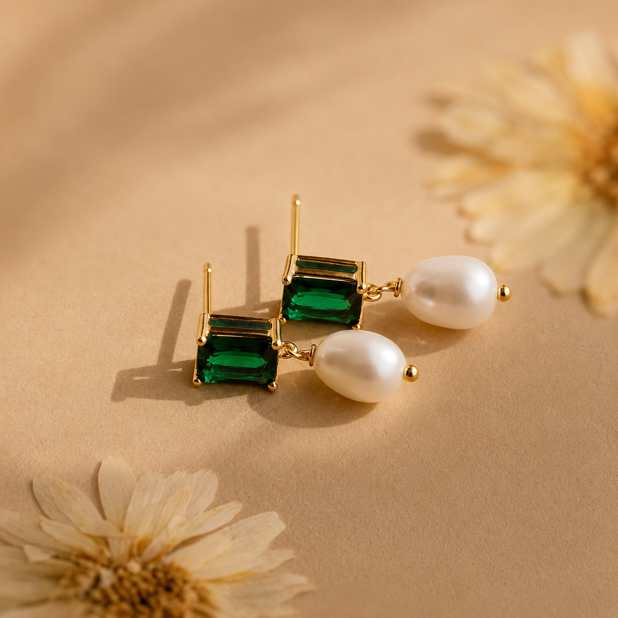 Emerald Pearl Drop Earrings