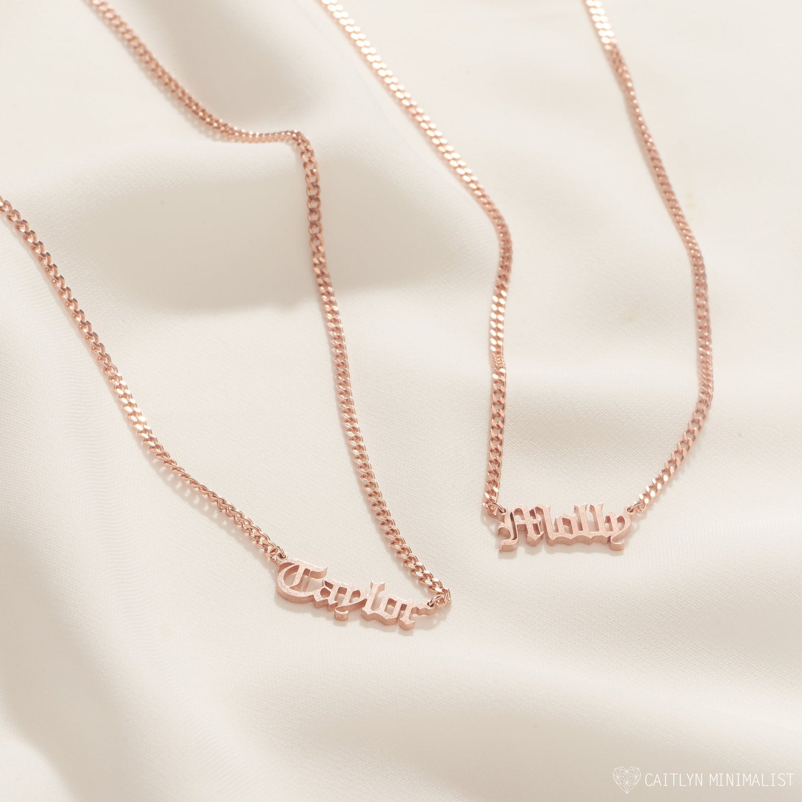 Old English Name Necklace in Curb Chain Rose Gold
