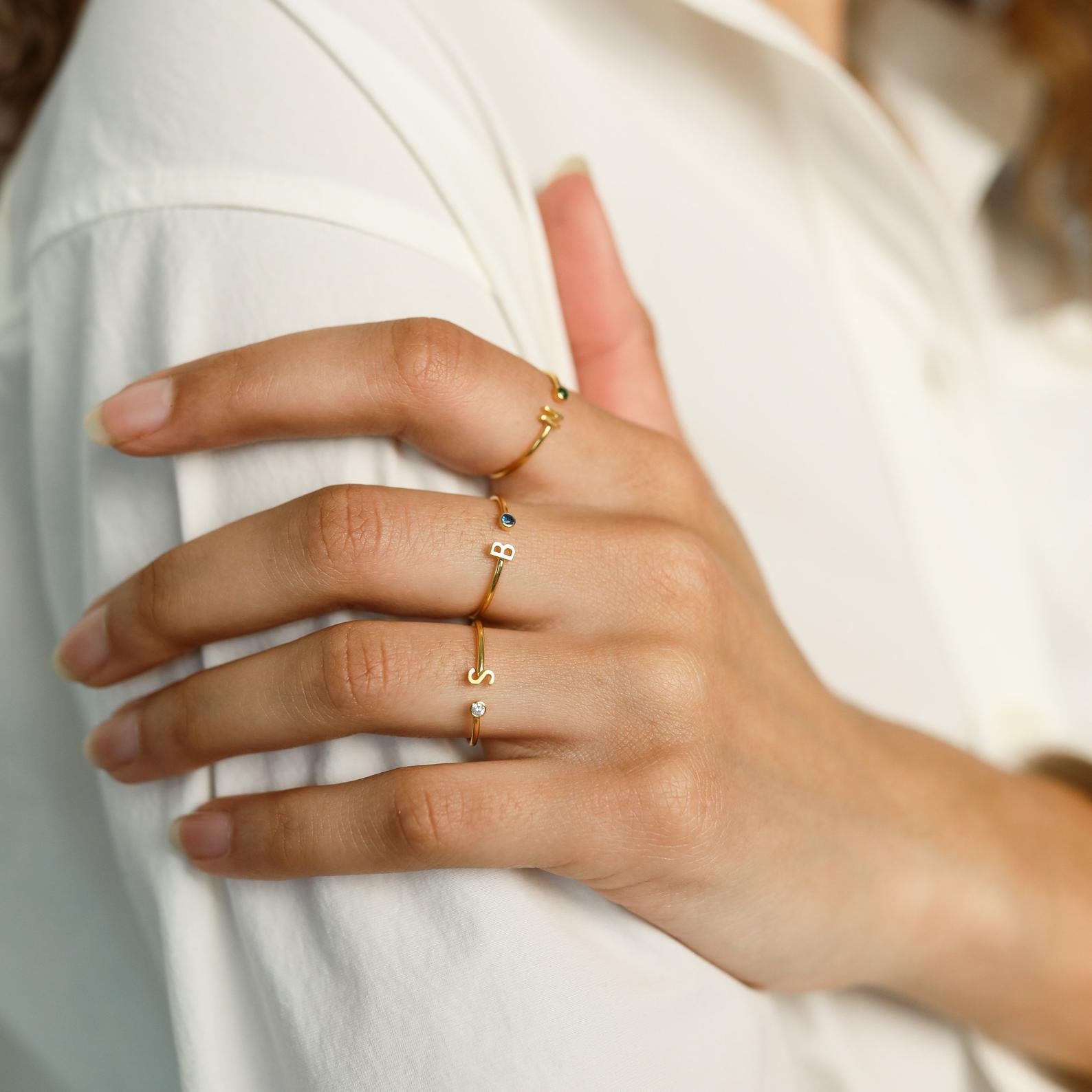 Modern Initial Birthstone Ring: Personalized Sparkle Sterling Silver