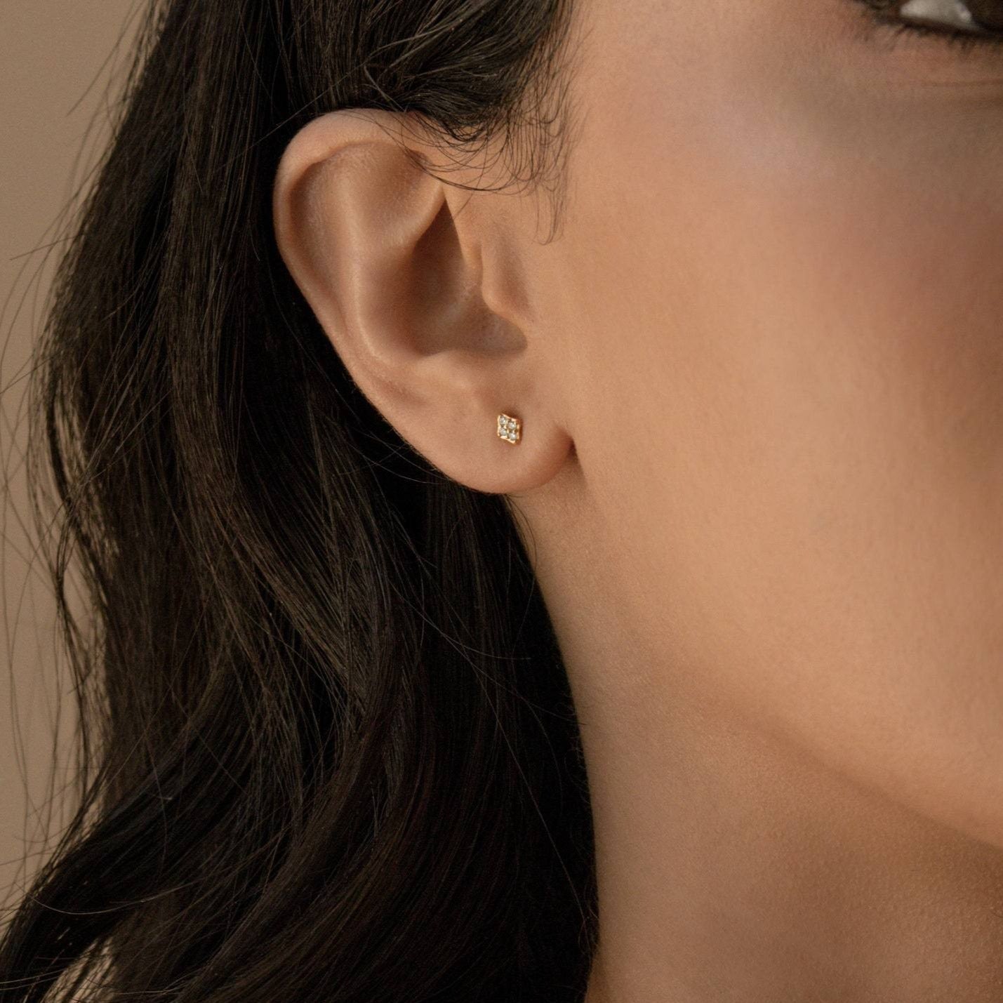 Avery Pavé Diamond Stud Earrings, featuring sparkling CZ diamonds on sterling silver or 18K gold, showcasing timeless elegance and sophistication