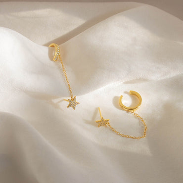 Star Pave Chain Ear Cuffs 18K Gold