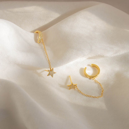 Star Pave Chain Ear Cuffs 18K Gold