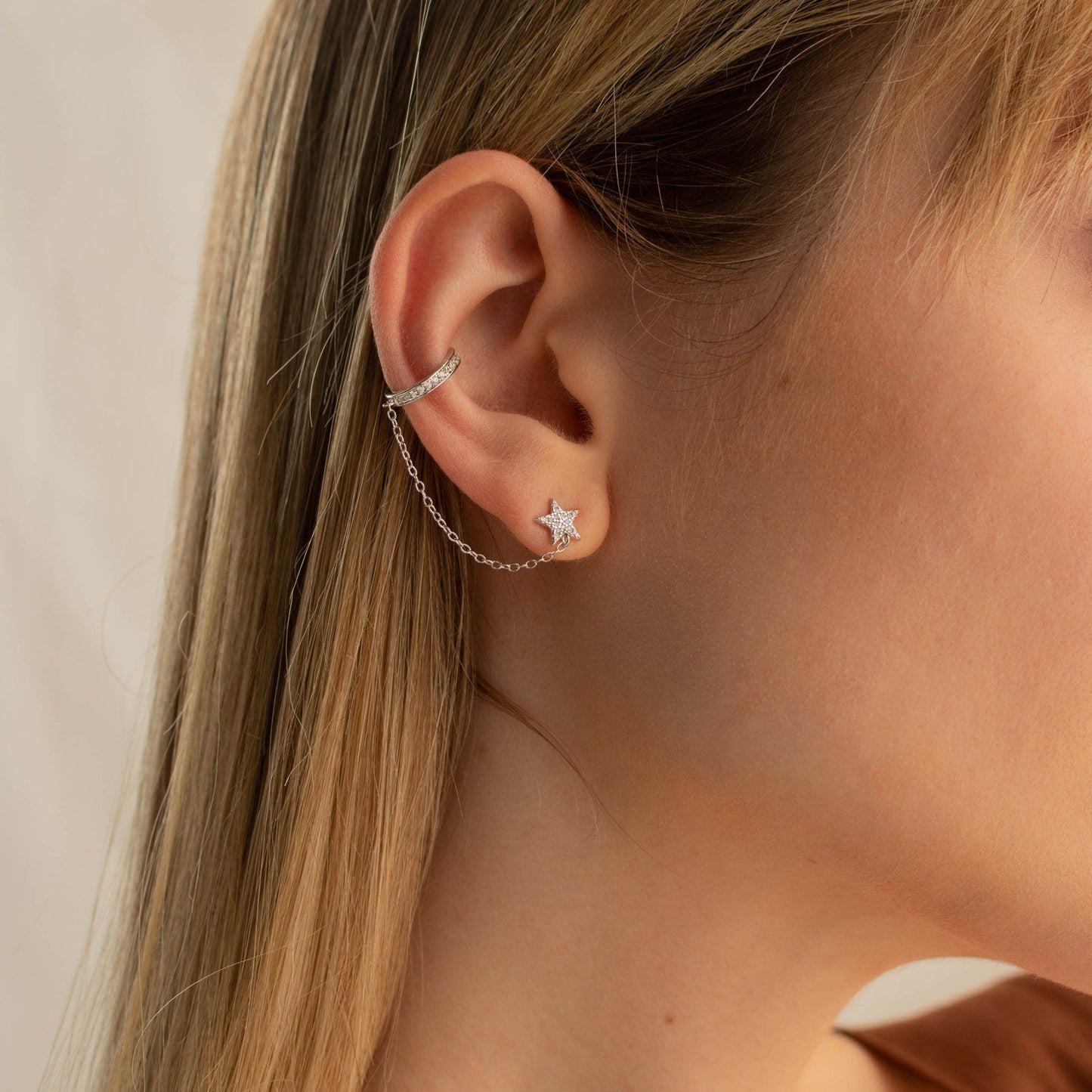 Star Pave Chain Ear Cuffs Sterling Silver