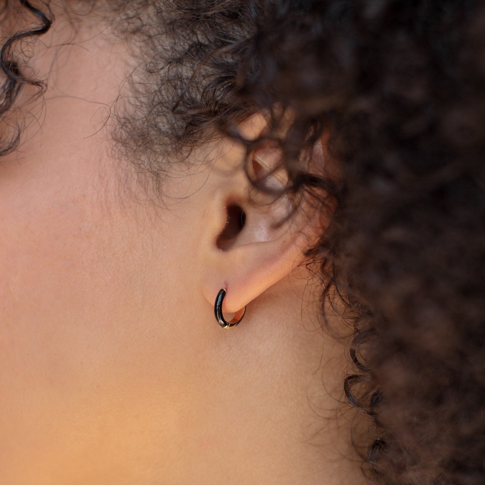 Black Enamel Huggie Hoops 18K Gold