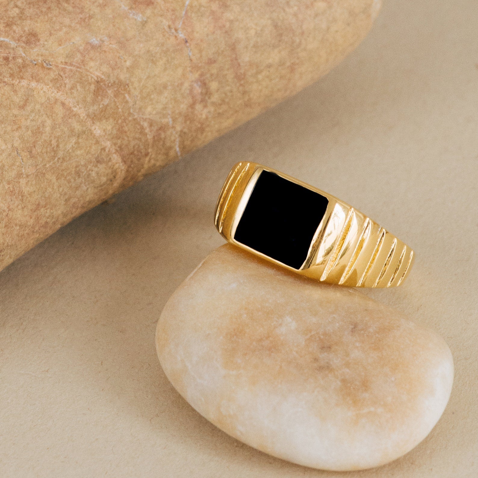 Unisex Black Enamel Signet Ring 18K Gold