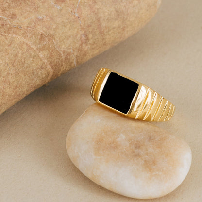 Unisex Black Enamel Signet Ring 18K Gold
