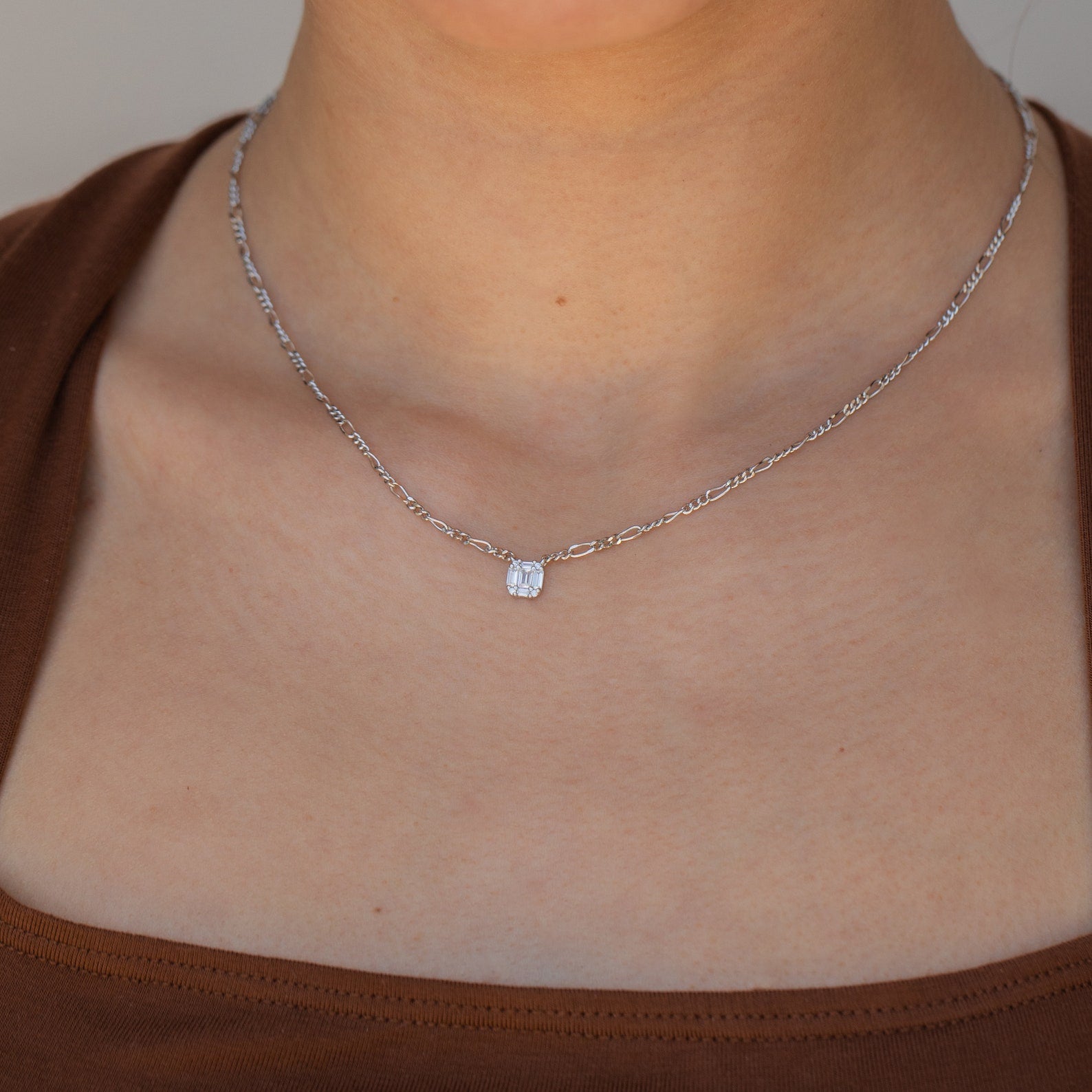 Square Diamond Figaro Necklace Sterling Silver