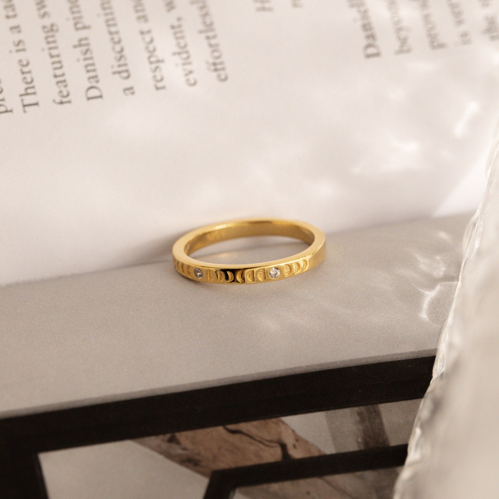 Celestial Harmony: Phases of the Moon CZ Diamond Ring 18K Gold