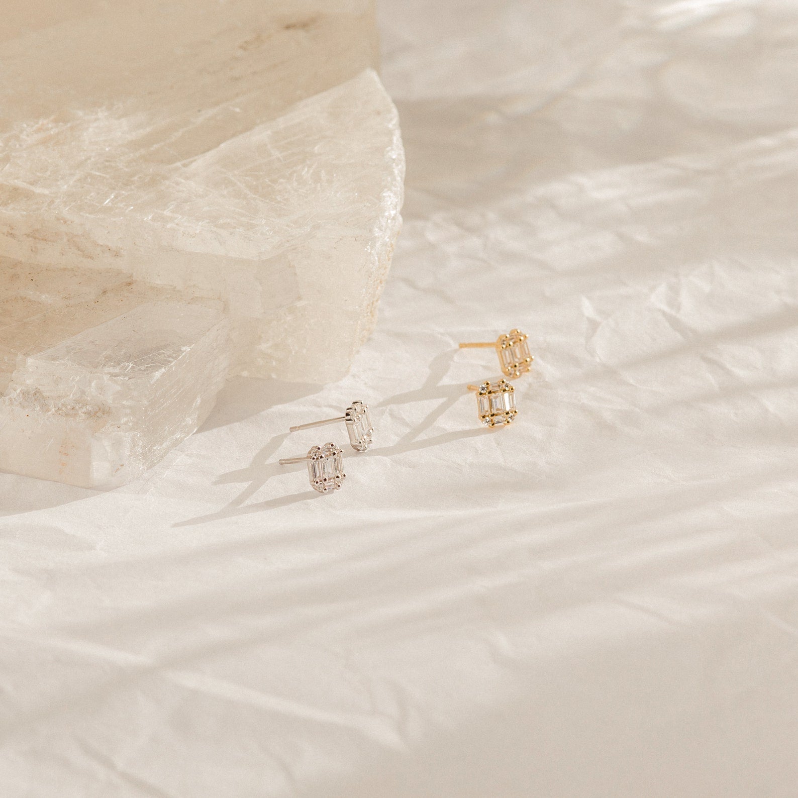 Arabella Diamond Stud Earrings, Art Deco-inspired earrings featuring CZ diamonds on sterling silver or 18K gold, showcasing vintage opulence and timeless elegance