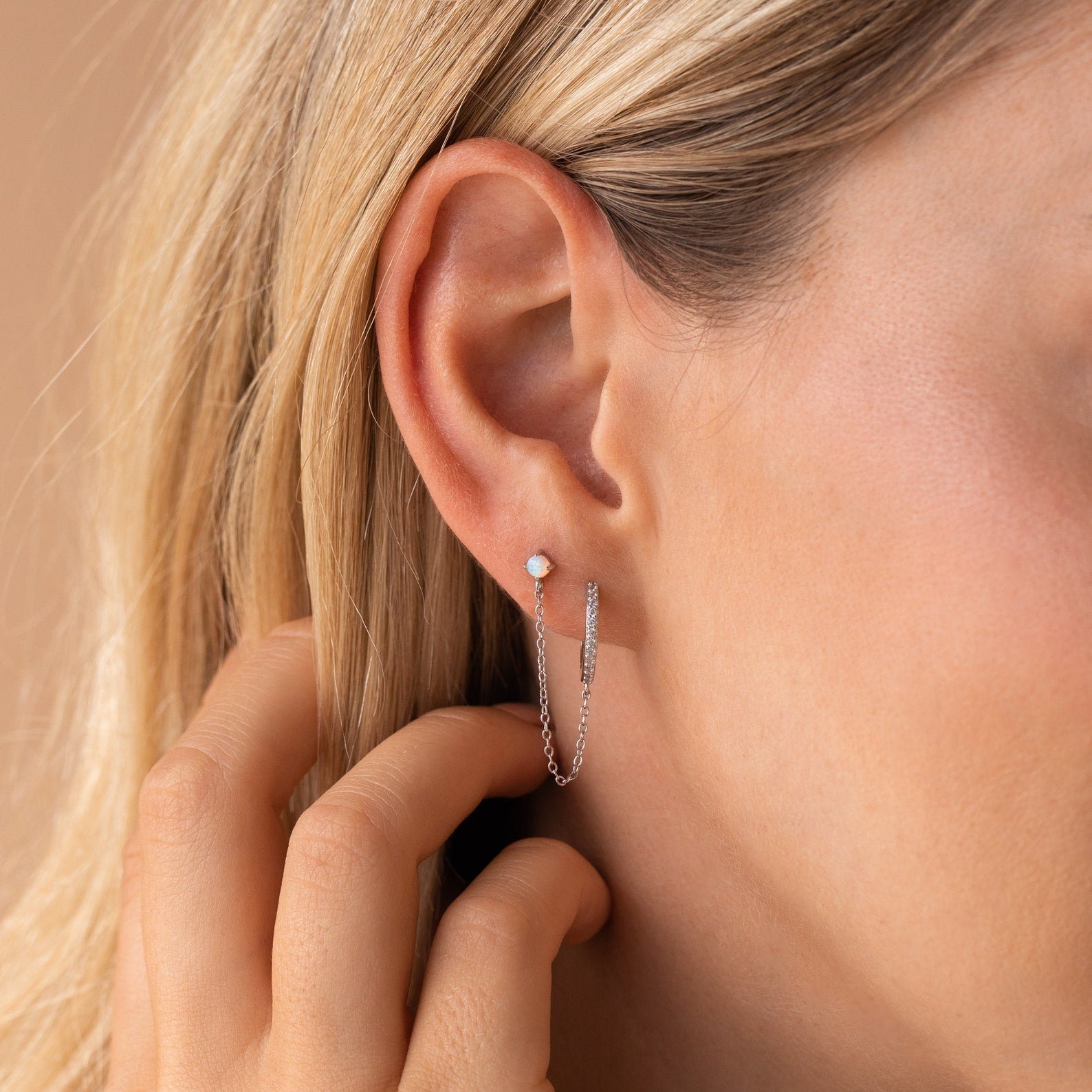 Opal Stud & Pave Hoop Earrings Sterling Silver