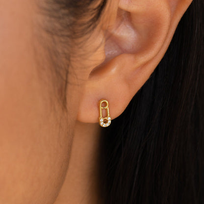 Tiny Pave Safety Pin Studs 18K Gold