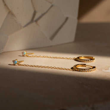 Opal Stud & Pave Hoop Earrings 18K Gold