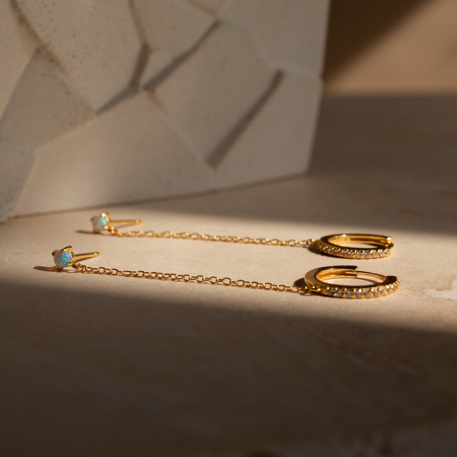 Opal Stud & Pave Hoop Earrings 18K Gold