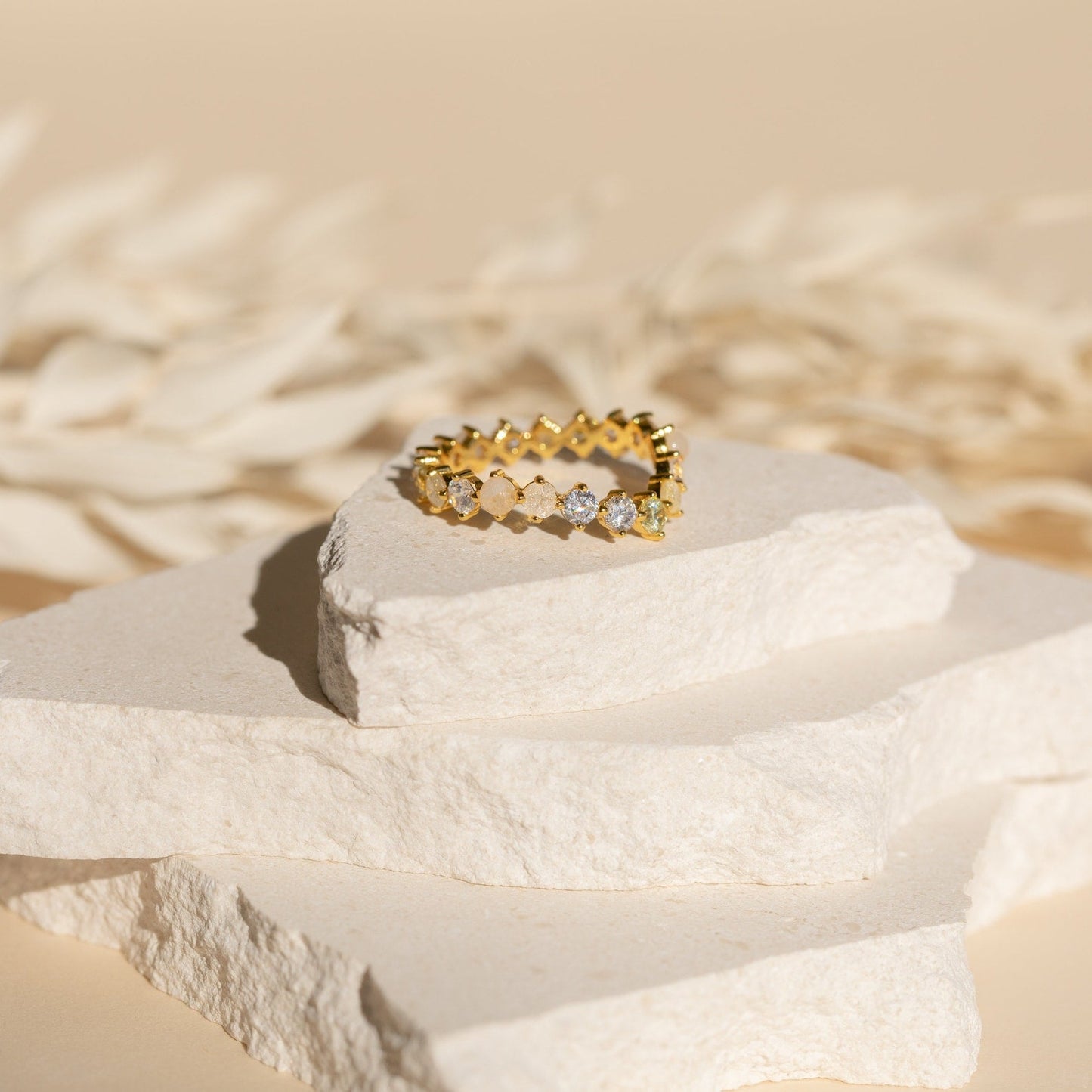 Mosaic Moonstone Diamond Eternity Band: Captivating Celestial Elegance