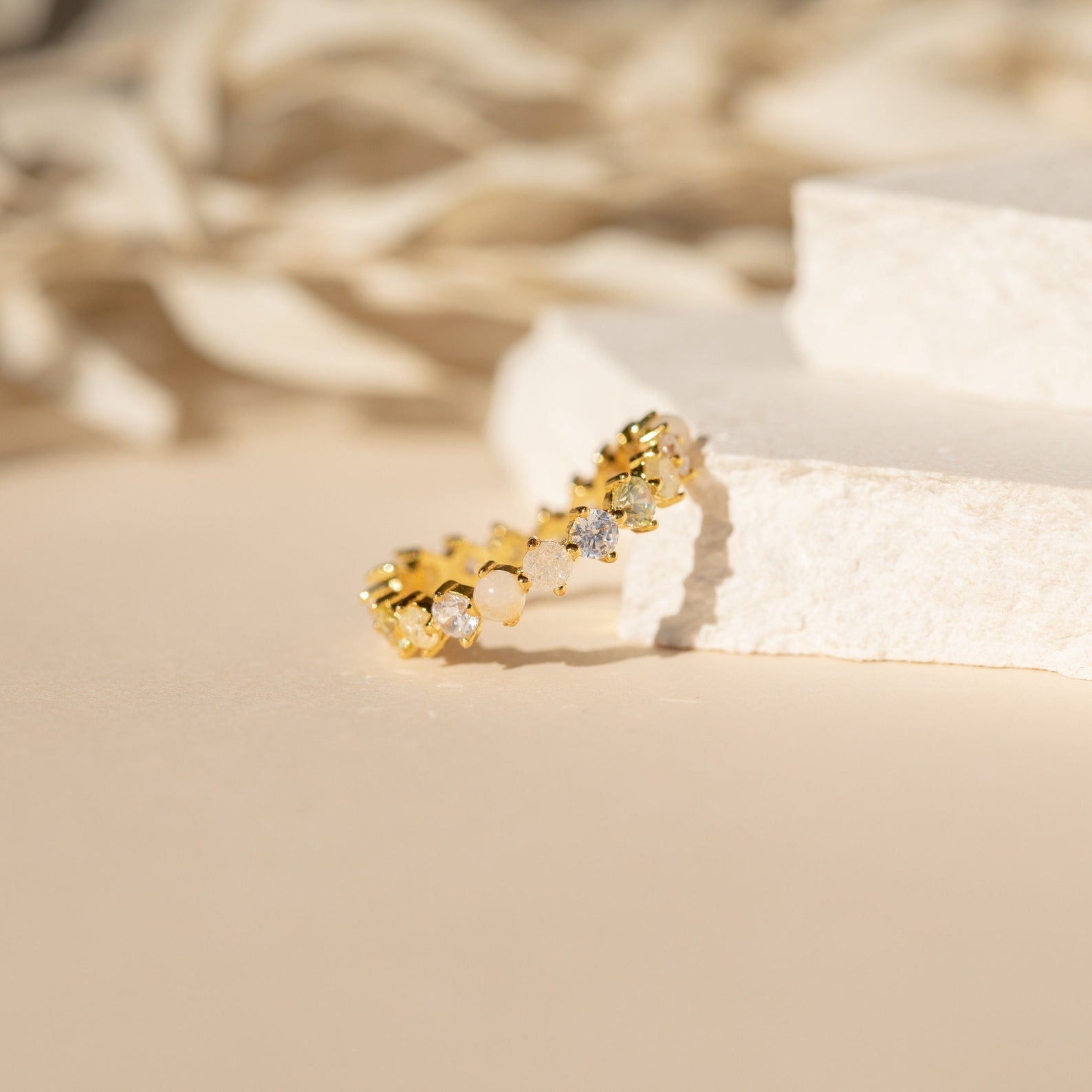 Mosaic Moonstone Diamond Eternity Band: Captivating Celestial Elegance 18K Gold