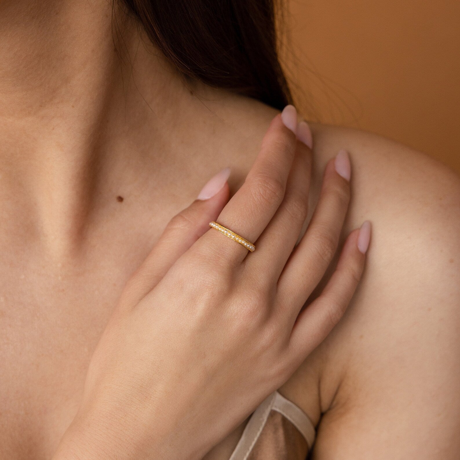 Elegant Alicia Pearl Ring featuring delicate pearl beads on 18K gold sterling silver band