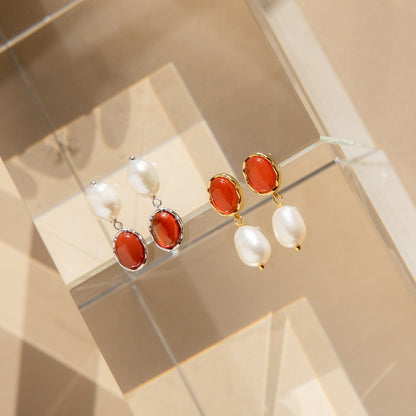 Harmony and Elegance: Carnelian and Pearl Dangle Earrings