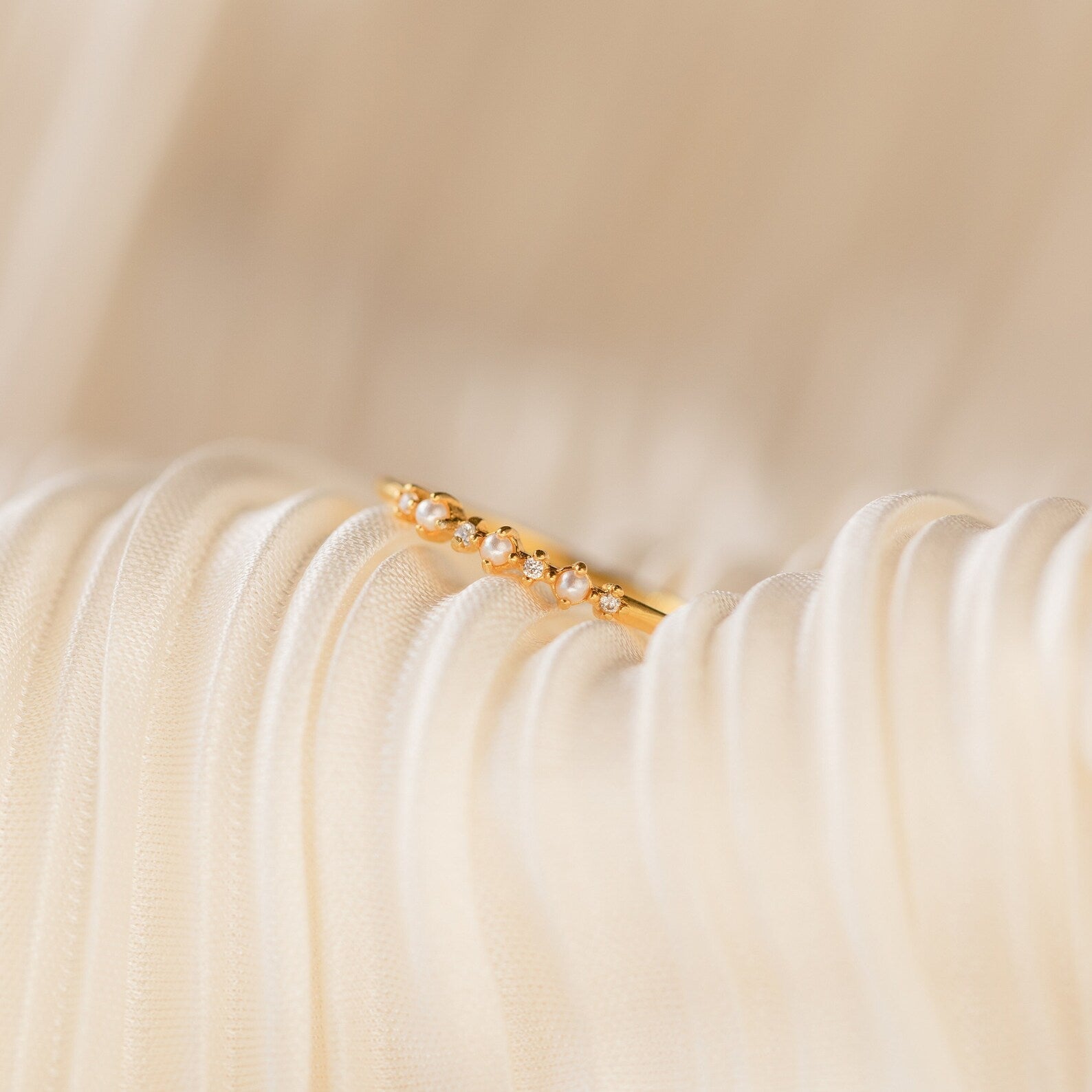 Vintage Glamour: Gold Pearl Diamond Stacking Ring