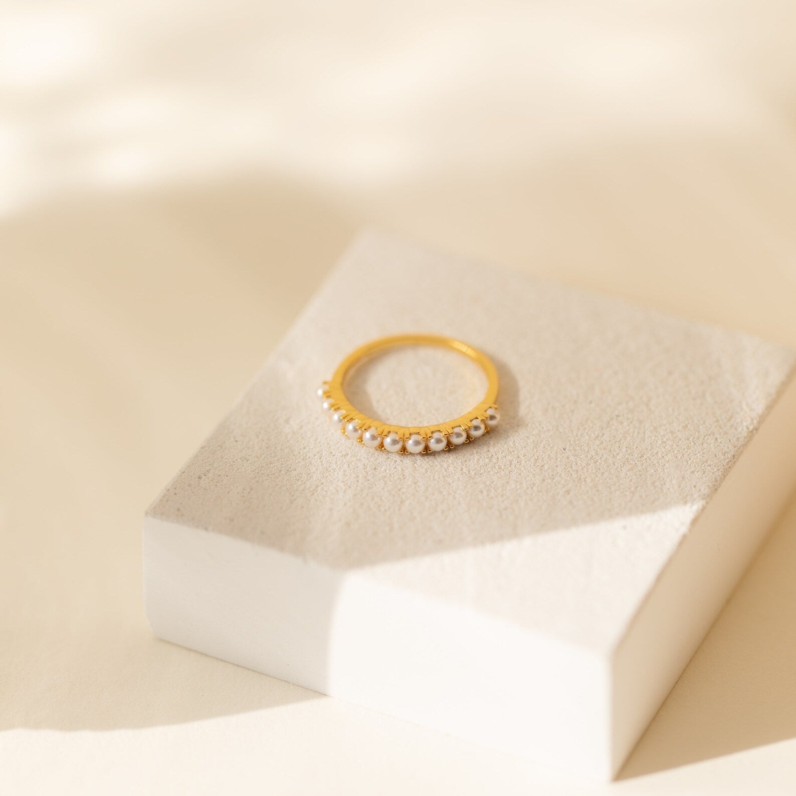 Subtle Elegance: Crescent Pearl Stacking Ring 18K Gold