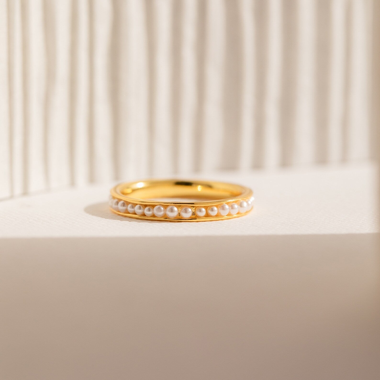 Elegant Alicia Pearl Ring featuring delicate pearl beads on 18K gold sterling silver band