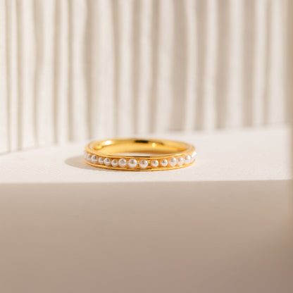 Elegant Alicia Pearl Ring featuring delicate pearl beads on 18K gold sterling silver band