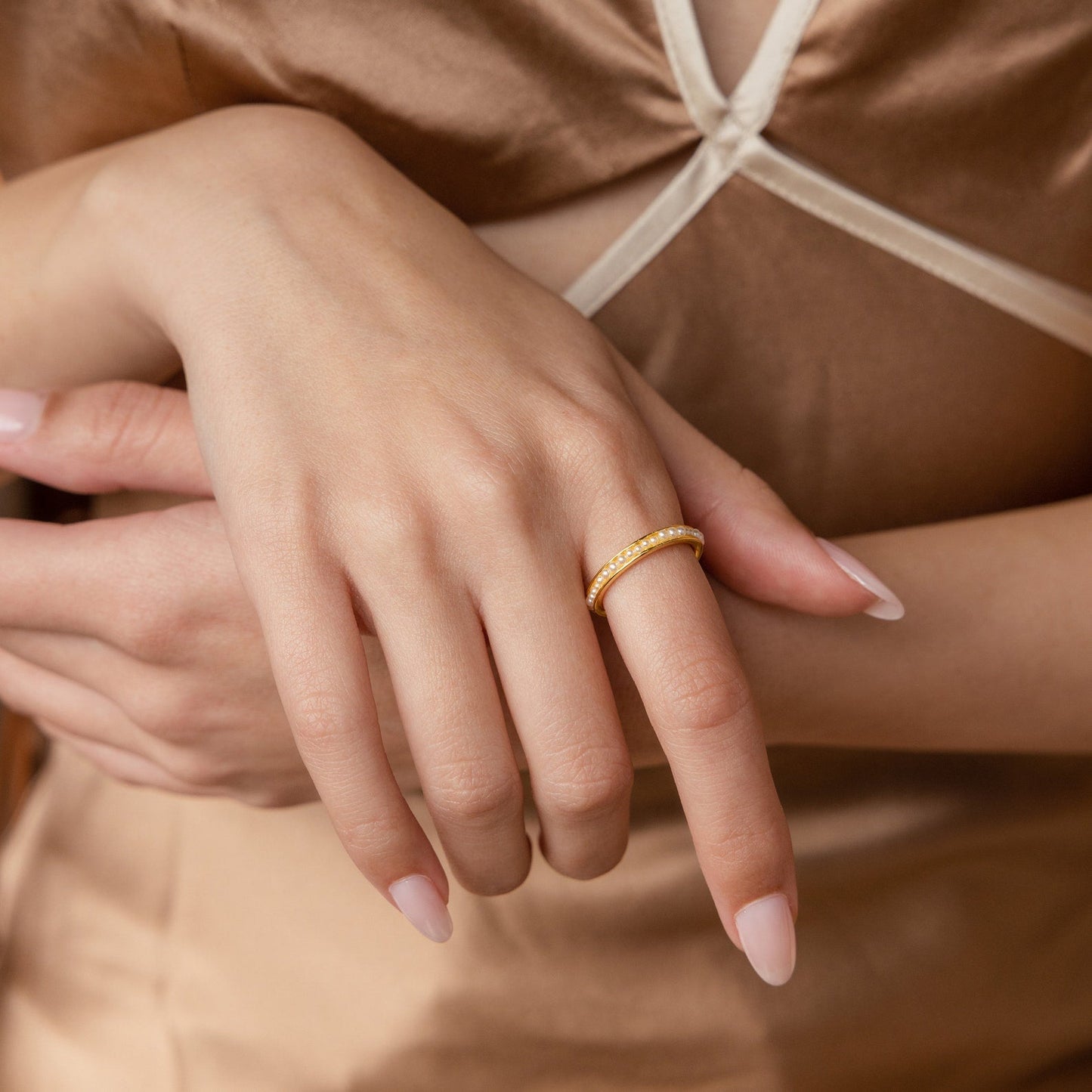 Elegant Alicia Pearl Ring featuring delicate pearl beads on 18K gold sterling silver band