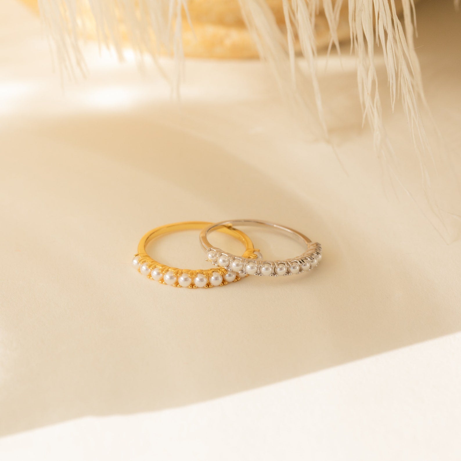 Subtle Elegance: Crescent Pearl Stacking Ring Sterling Silver