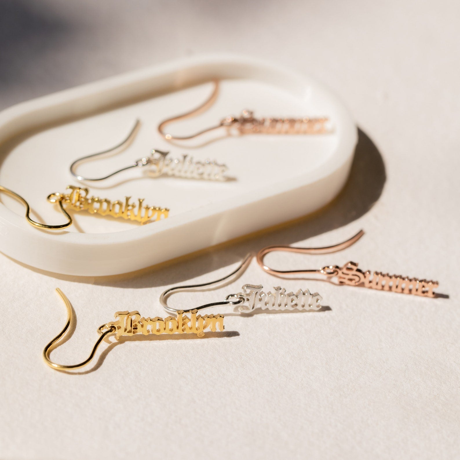 Memorable Customization: Vertical Dangling Name Earrings Rose Gold