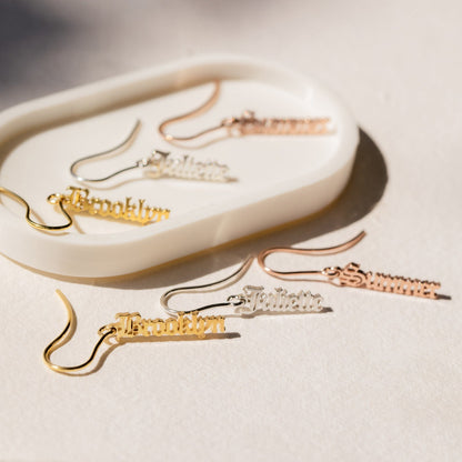 Memorable Customization: Vertical Dangling Name Earrings Rose Gold