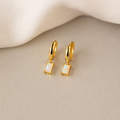 Subtle Birthstone Sparkle: Baguette Birthstone Huggie Hoops 18K Gold October Opal