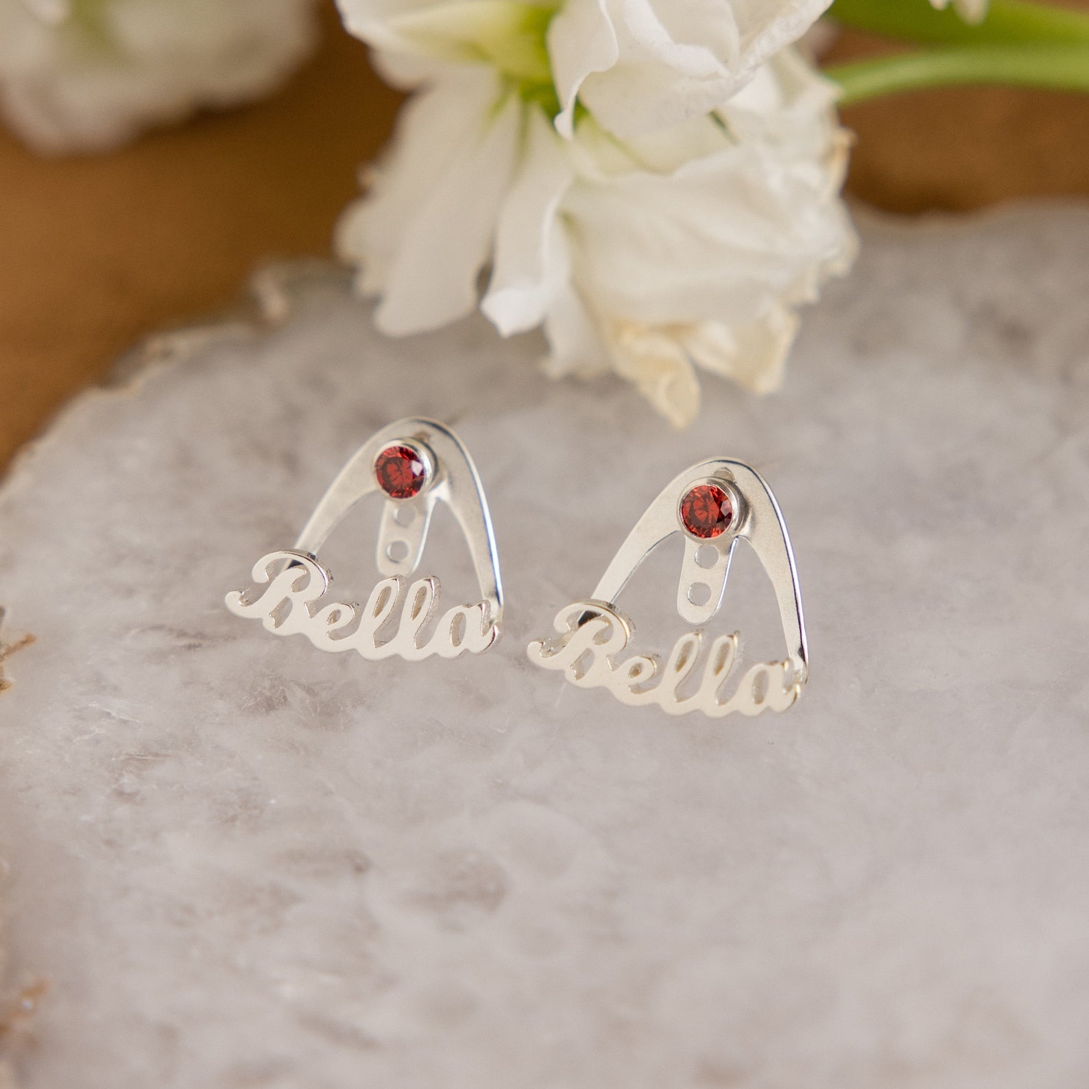 Personalized Birthstone Name Wrap-around Earrings Sterling Silver