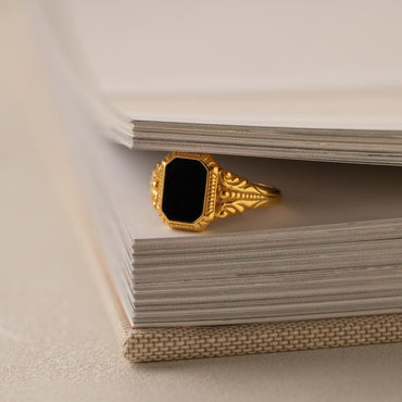 Vintage-Inspired Black Enamel Signet Ring: Fusion of Classic and Contemporary