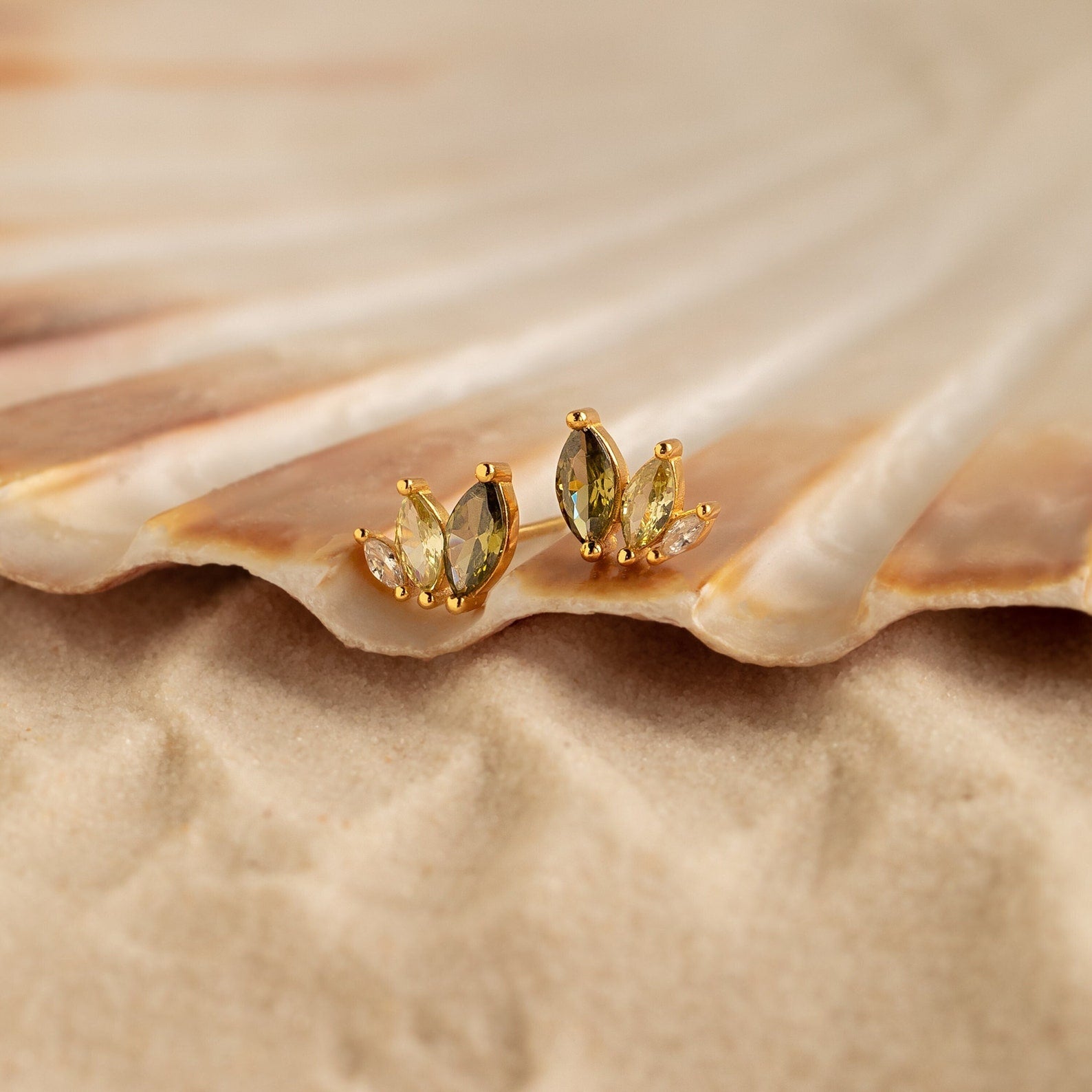 Seagrass Green Crystal Stud Earrings: Inspired by Oceanic Beauty 18K Gold