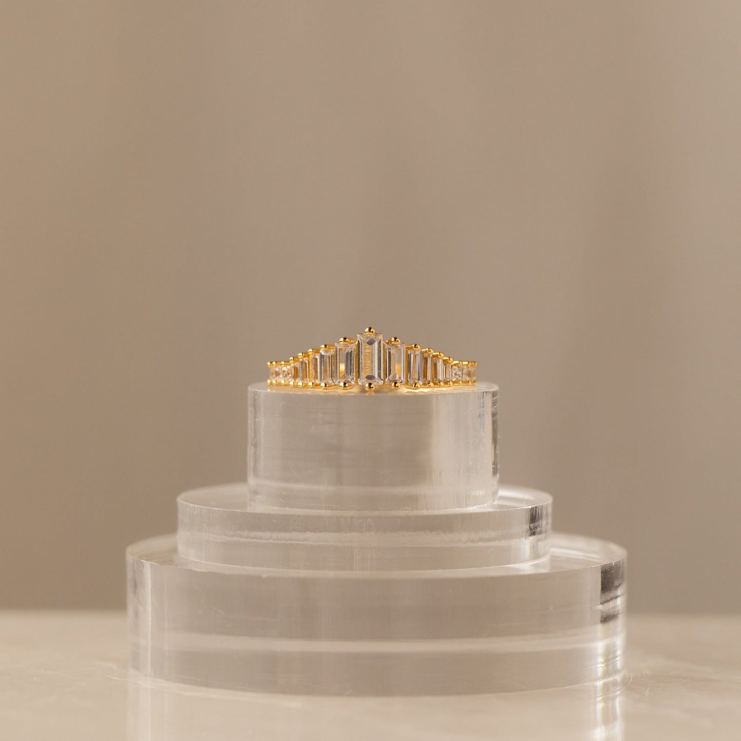 Art Deco Diamond Chandelier Ring, an 18K gold plated sterling silver ring featuring CZ diamonds in a cascading chandelier silhouette, evoking the opulence of the Roaring Twenties