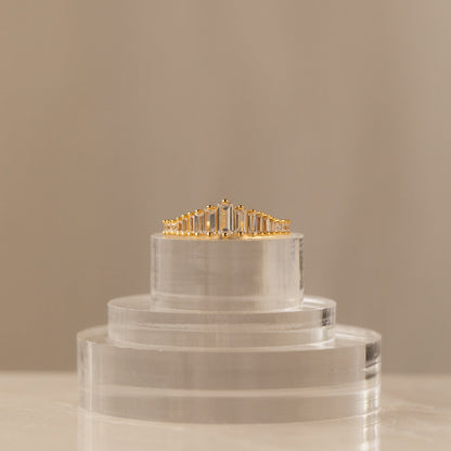 Art Deco Diamond Chandelier Ring, an 18K gold plated sterling silver ring featuring CZ diamonds in a cascading chandelier silhouette, evoking the opulence of the Roaring Twenties