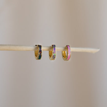 Exquisite Magenta Opal Inlay Huggie Hoop Earrings