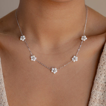 Flower Pearl Station Necklace Sterling Silver