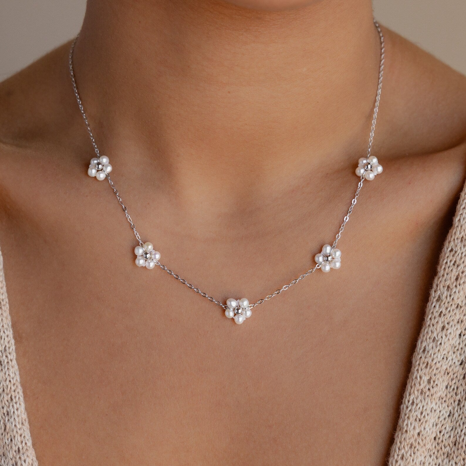 Flower Pearl Station Necklace Sterling Silver