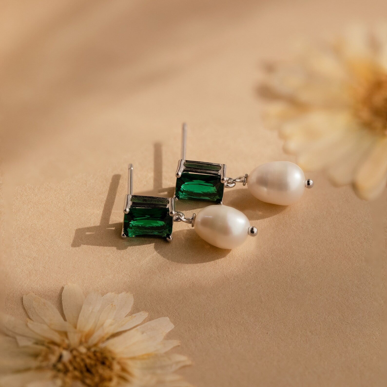 Emerald Pearl Drop Earrings Sterling Silver