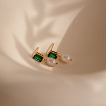 Emerald Pearl Drop Earrings 18K Gold
