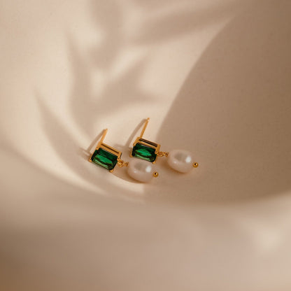 Emerald Pearl Drop Earrings 18K Gold