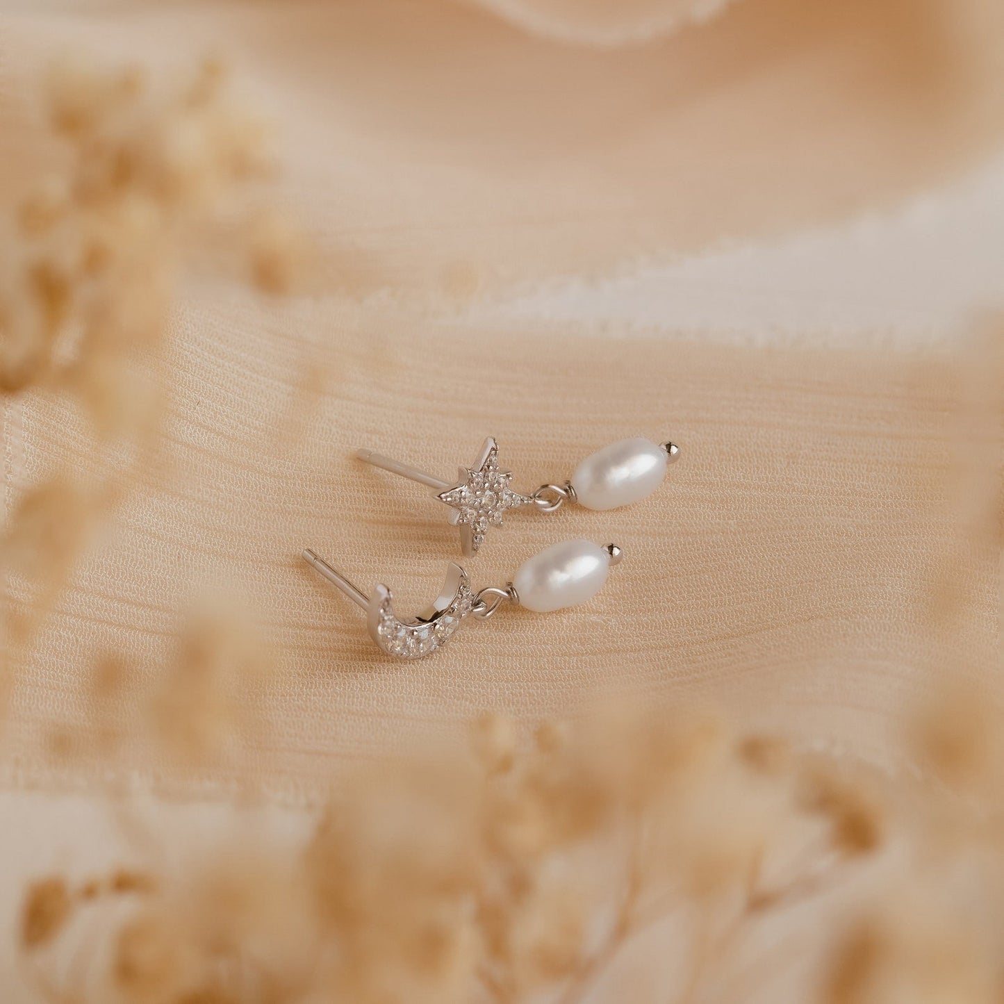 Moon & Star Pearl Earrings Sterling Silver