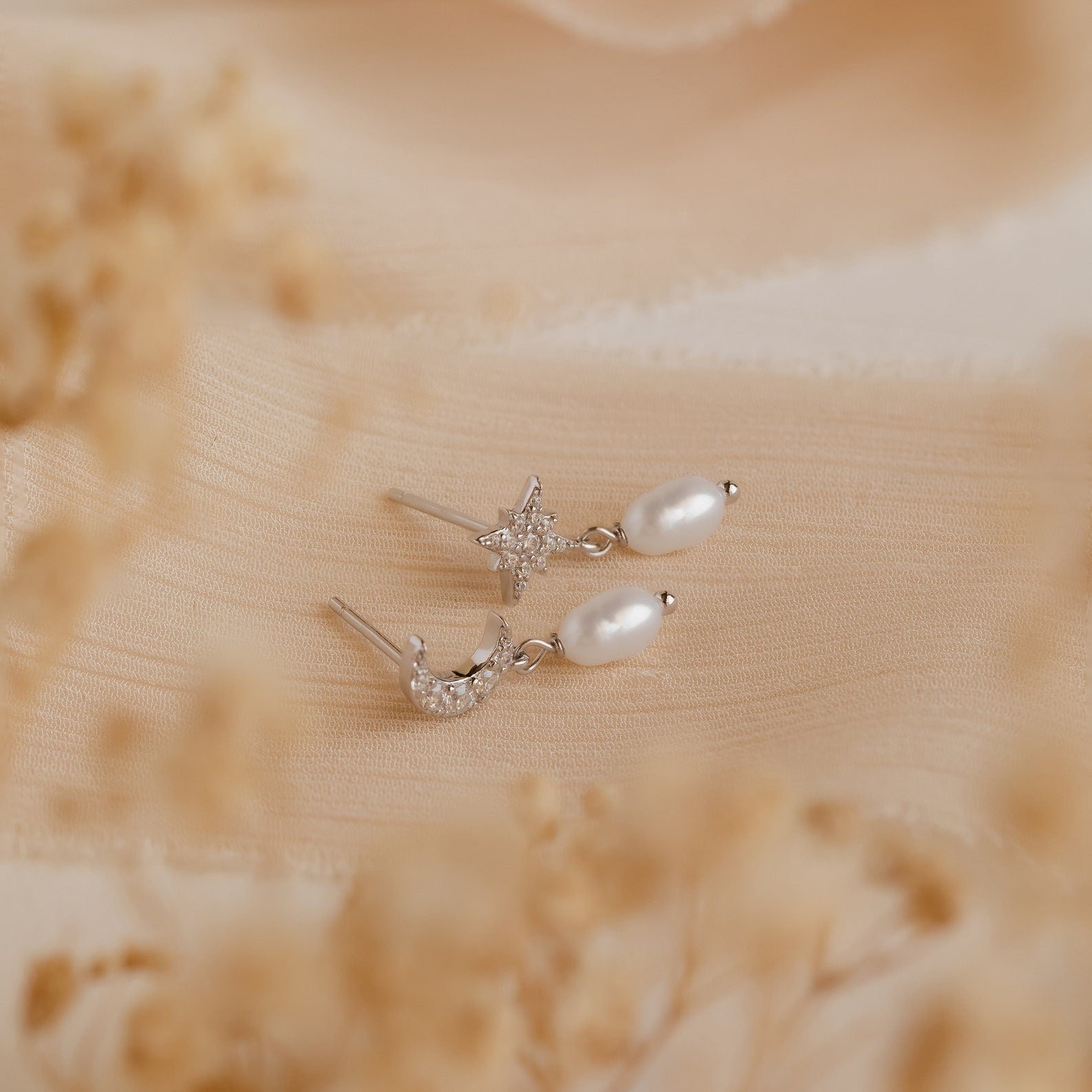 Moon & Star Pearl Earrings Sterling Silver