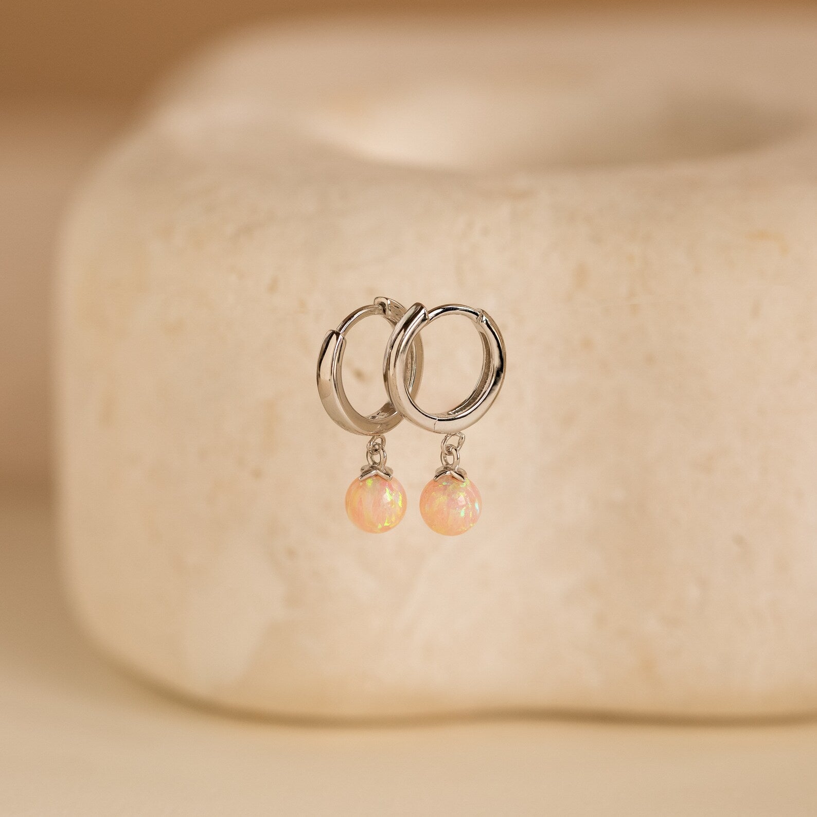 Pink Opal Drop Huggies Sterling Silver